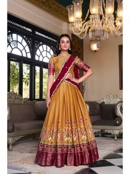 LooknBook Art - Mustard Kanchipuram Printed Zari Weaving Border Lehenga with Unstitched Blouse