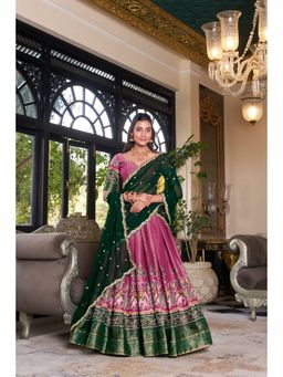 LooknBook Art - Pink Kanchipuram Printed Zari Weaving Border Lehenga with Unstitched Blouse