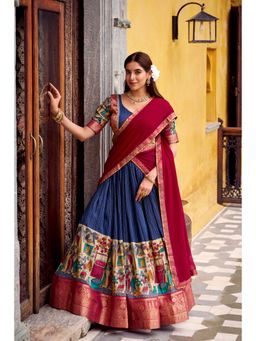 LooknBook Art - Red Poly Chanderi Chaniya Kalamkari Print Lehenga with Unstitched Blouse And Dupatta