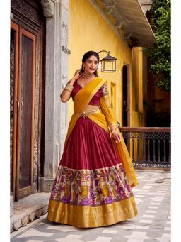 LooknBook Art - Red Poly Chanderi Print and Zari Weaving Lehenga with Unstitched Blouse And Dupatta