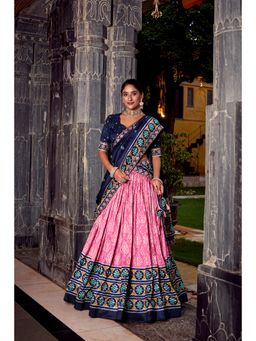 LooknBook Art - Pink Taser Silk Chaniya with Ikkat Print Lehenga with Unstitched Blouse And Dupatta