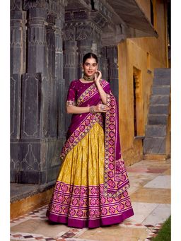 LooknBook Art - Mustard Taser Silk with Ikkat Print Lehenga with Unstitched Blouse And Dupatta