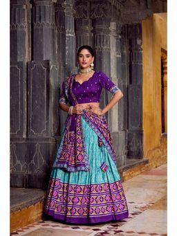 LooknBook Art - Blue Taser Silk Chaniya with Ikkat Print Lehenga with Unstitched Blouse And Dupatta