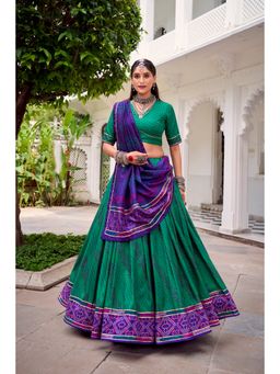LooknBook Art - Green Taser Silk Print and Gota Patti Lehenga with Unstitched Blouse And Dupatta