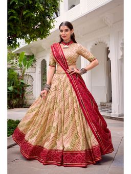LooknBook Art - Beige Taser Silk Bandhej Print Gota Patti Lehenga with Unstitched Blouse And Dupatta