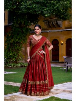 LooknBook Art - Rust Sequins and Thread Embroidered Lehenga with Unstitched Blouse And Dupatta
