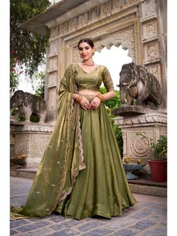 LooknBook Art - Olive Designer Sequins Embroidered Lehenga with Unstitched Blouse And Dupatta