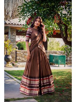 LooknBook Art - Brown Plain Chanderi Zari Border Lehenga with Unstitched Blouse And Dupatta