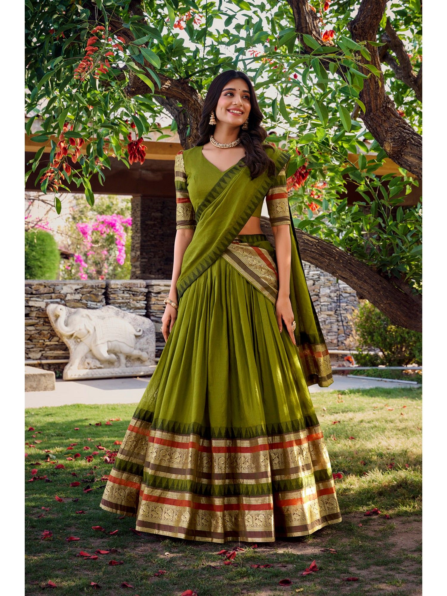 Brown Plain Chanderi Zari Border Lehenga with Unstitched Blouse And Dupatta-image-14
