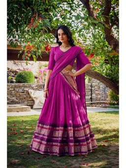 LooknBook Art - Pink Plain Chanderi Zari Border Lehenga with Unstitched Blouse And Dupatta