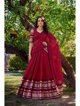 LooknBook Art - Green Plain Chanderi Zari Border Lehenga with Unstitched Blouse And Dupatta