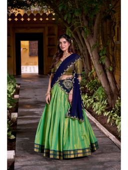 LooknBook Art - Navy Blue Kanchipuram Lehenga with Unstitched Blouse And Dupatta