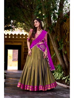 LooknBook Art - Pink Kanchipuram Lehenga with Unstitched Blouse And Dupatta