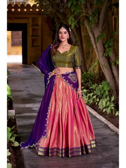 LooknBook Art - Pink Kanchipuram Lehenga with Unstitched Blouse And Dupatta