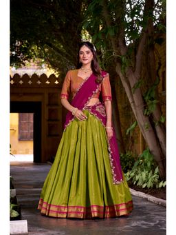 LooknBook Art - Pink Kanchipuram Lehenga with Unstitched Blouse And Dupatta