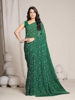 Garden VARELI - Green Chiffon Floral Saree Without Blouse