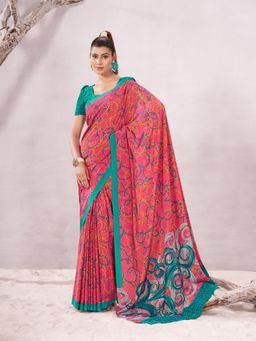 Garden VARELI - Pink Geometric Printed Velvet Saree with Unstitched Blouse