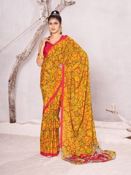 Garden VARELI - Yellow Geometric Printed Velvet Saree with Unstitched Blouse