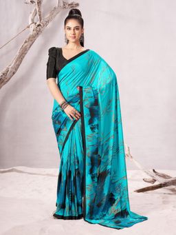 Garden VARELI - Blue Abstract Printed Velvet Saree with Unstitched Blouse