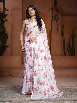 Garden VARELI - White Chiffon Floral Saree Without Blouse