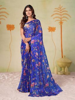 Garden VARELI - Blue Printed Poly Saree Without Blouse