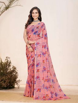 Garden VARELI - Peach Floral Printed Chiffon Saree Without Blouse