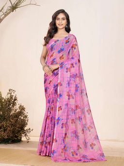 Garden VARELI - Pink Floral Printed Chiffon Saree Without Blouse