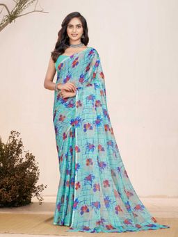 Garden VARELI - Turquoise Floral Printed Chiffon Saree Without Blouse