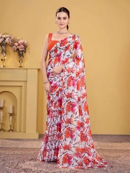 Garden VARELI - Red Floral Printed Chiffon Saree Without Blouse