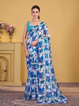 Garden VARELI - Teal Floral Printed Chiffon Saree Without Blouse