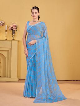 Garden VARELI - Blue Abstract Printed Chiffon Saree Without Blouse