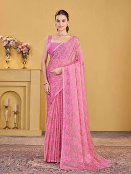 Garden VARELI - Pink Geometric Printed Chiffon Saree Without Blouse