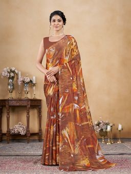 Garden VARELI - Brown Abstract Printed Chiffon Saree Without Blouse