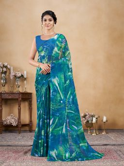 Garden VARELI - Teal Abstract Printed Chiffon Saree Without Blouse