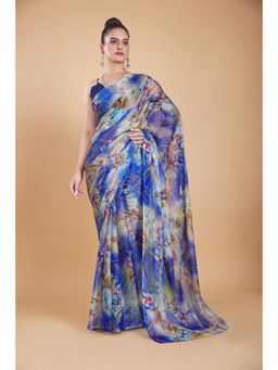 Garden VARELI - Blue Floral Printed Chiffon Saree Without Blouse