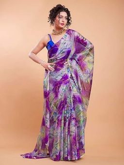 Garden VARELI - Purple Chiffon Floral Saree Without Blouse