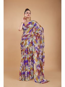 Garden VARELI - Purple Floral Printed Chiffon Saree Without Blouse