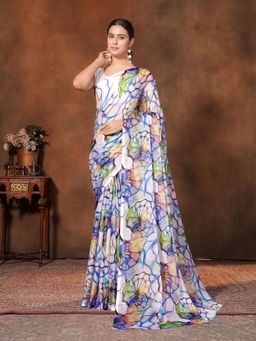 Garden VARELI - Blue Floral Printed Chiffon Saree Without Blouse