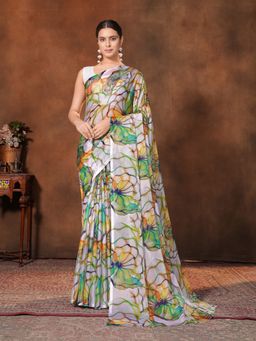 Garden VARELI - Green Floral Printed Chiffon Saree Without Blouse