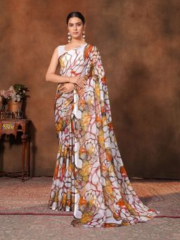 Garden VARELI - White Floral Printed Chiffon Saree Without Blouse