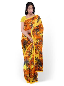 Garden VARELI - Yellow Floral Printed Chiffon Saree Without Blouse