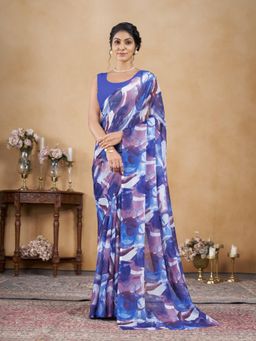 Garden VARELI - Blue Abstract Printed Chiffon Saree Without Blouse