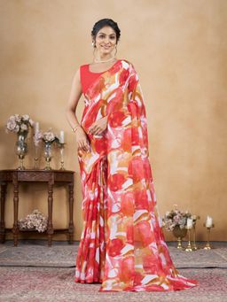 Garden VARELI - Red Floral Printed Chiffon Saree Without Blouse