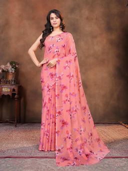 Garden VARELI - Peach Floral Printed Chiffon Saree Without Blouse