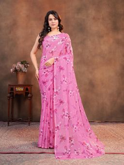 Garden VARELI - Pink Floral Printed Chiffon Saree Without Blouse