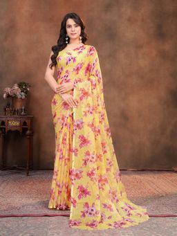 Garden VARELI - Yellow Floral Printed Chiffon Saree Without Blouse