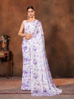 Garden VARELI - White Floral Printed Chiffon Saree Without Blouse