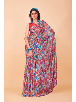 Garden VARELI - Red Floral Printed Chiffon Saree with Unstitched Blouse