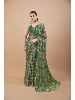 Garden VARELI - Green Abstract Printed Chiffon Saree with Unstitched Blouse