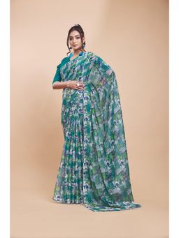 Garden VARELI - Teal Abstract Printed Chiffon Saree with Unstitched Blouse